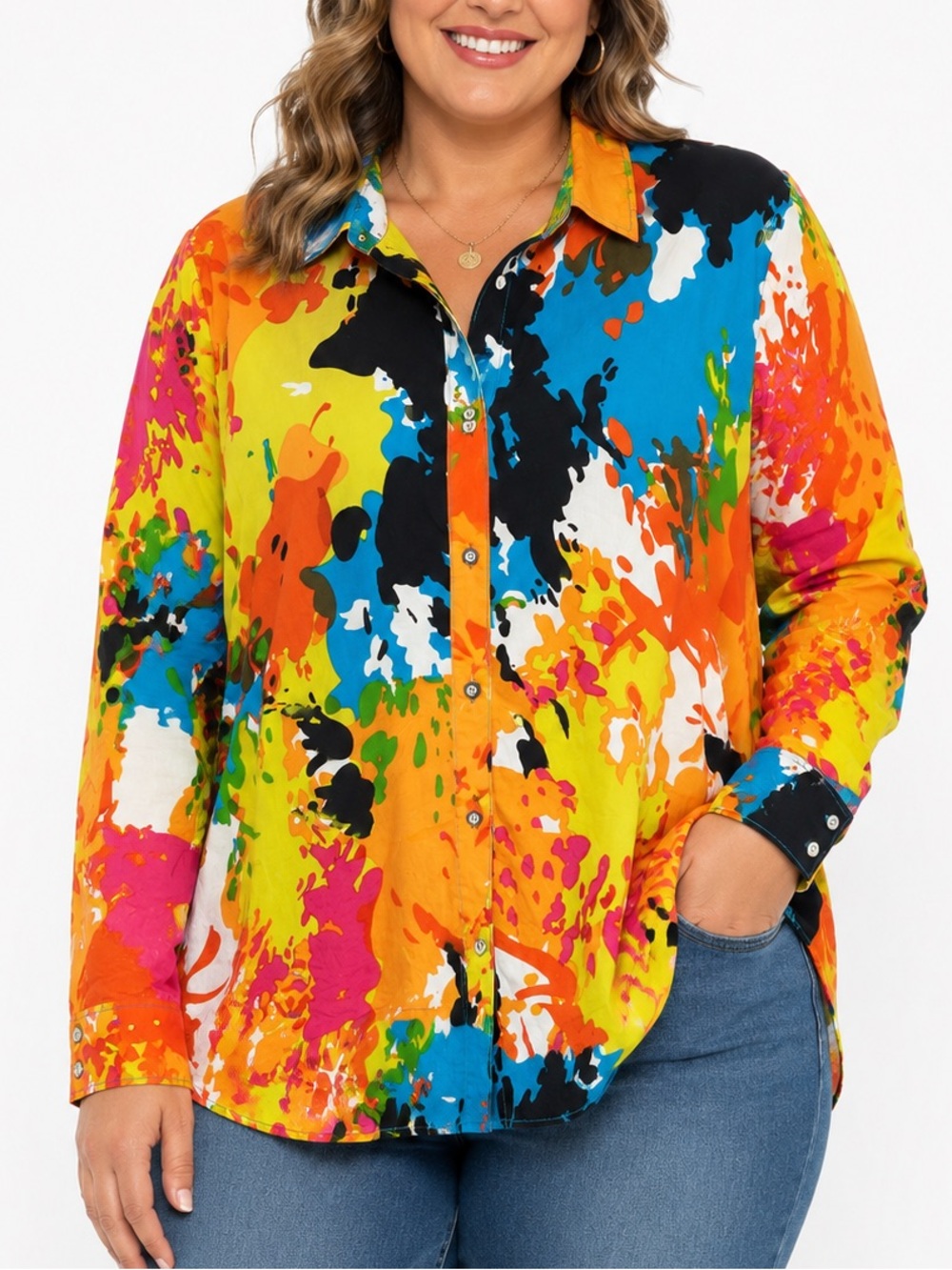 Pleats Collection Abstract Print Button Front Shirt XL Cotton Stretch Art 2 Wear